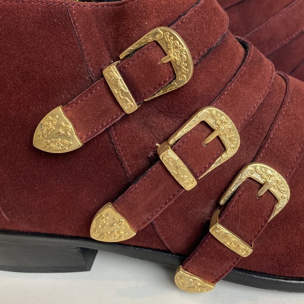 Anine Bing Witchy Western Emma Boots Burgundy Gold Triple Buckle Luxury Cowboy - Picture 5 of 16